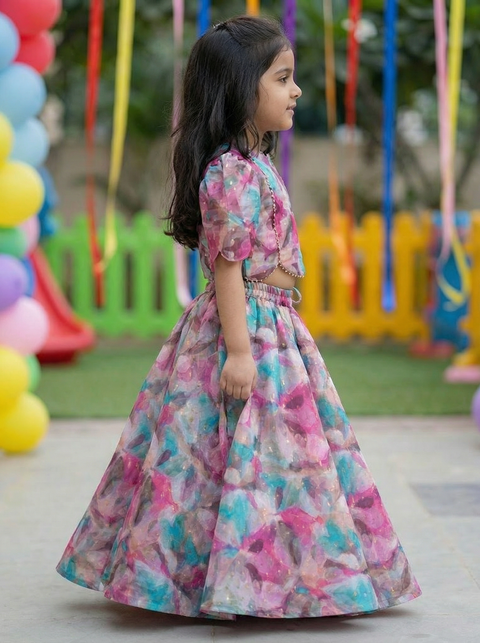 Pink Silk Print Lehenga Set