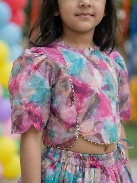 Pink Silk Print Lehenga Set