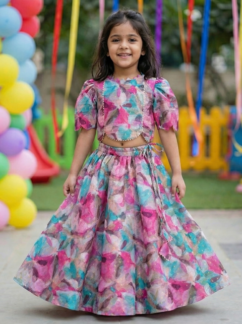 Pink Silk Print Lehenga Set