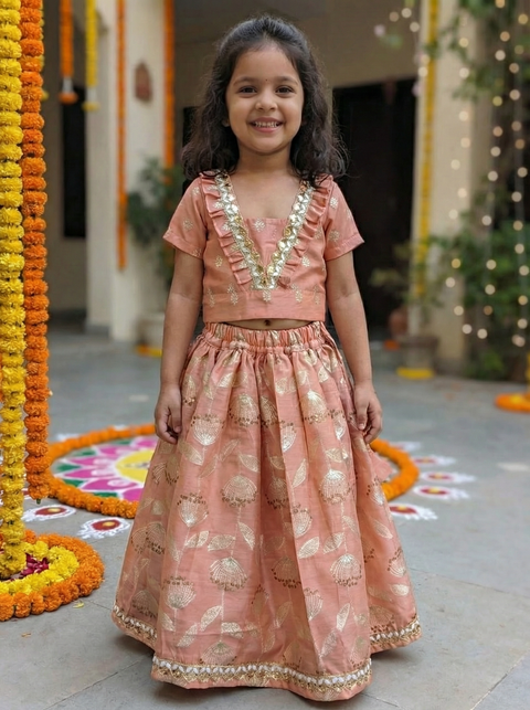 Peach Chanderi Lehanga Set