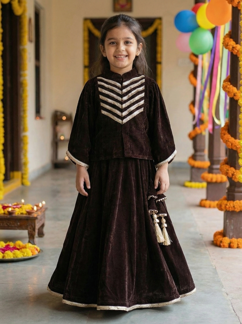 Dark brown Velvet Lehenga set