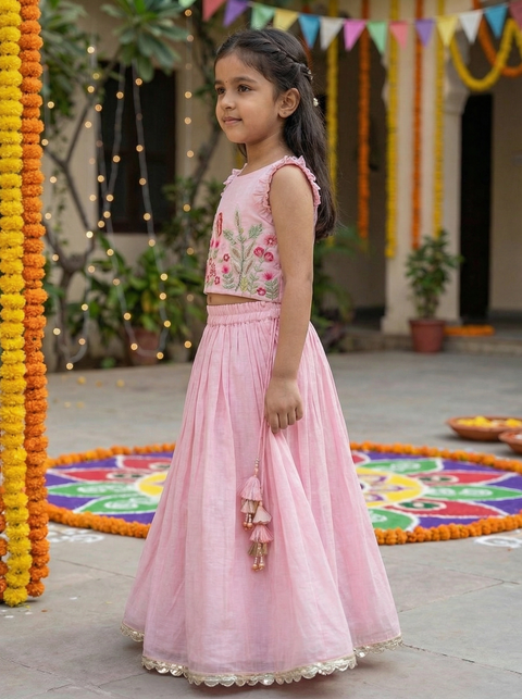 Pink pure mul-chanderi lehenga set