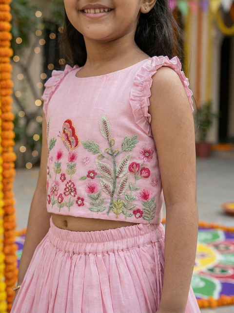Pink pure mul-chanderi lehenga set