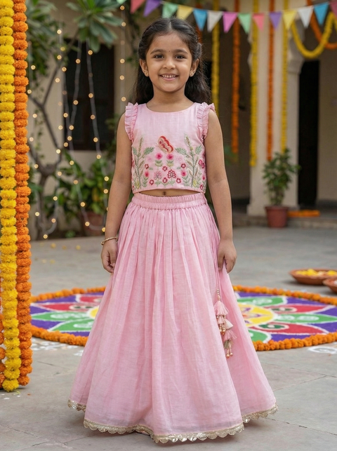 Pink pure mul-chanderi lehenga set