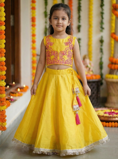 Yellow pure silk Chanderi Lehenga set