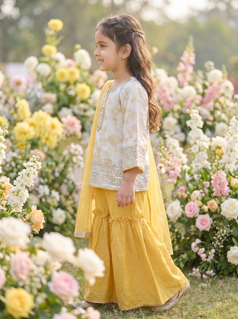 Yellow silk Chanderi Sharara suit