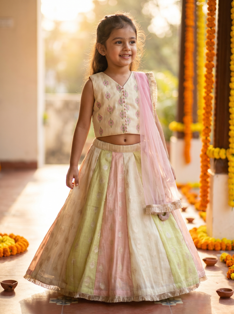 Pastel Kalidaar Lehenga set with embroidery and fringe duppatta