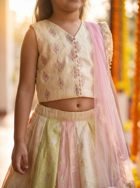 Pastel Kalidaar Lehenga set with embroidery and fringe duppatta