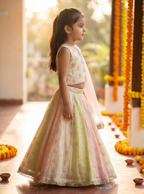 Pastel Kalidaar Lehenga set with embroidery and fringe duppatta