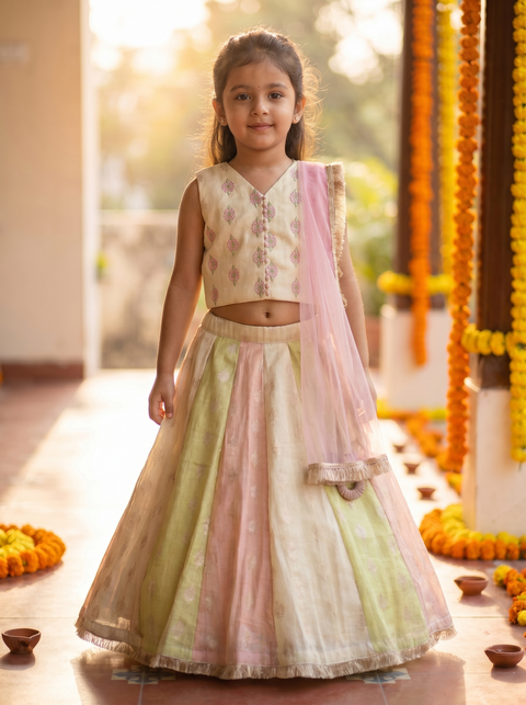 Pastel Kalidaar Lehenga set with embroidery and fringe duppatta