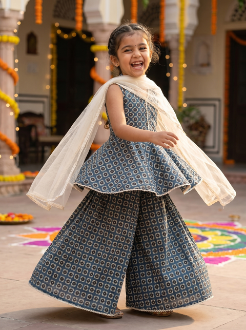 Blue Block printed Pure Cotton Sharara set