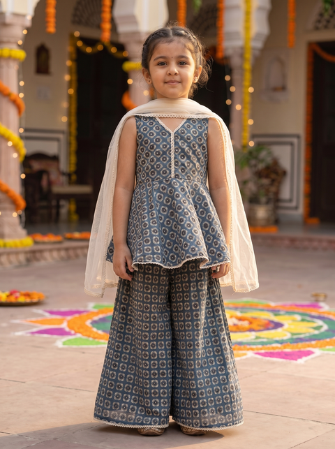 Blue Block printed Pure Cotton Sharara set