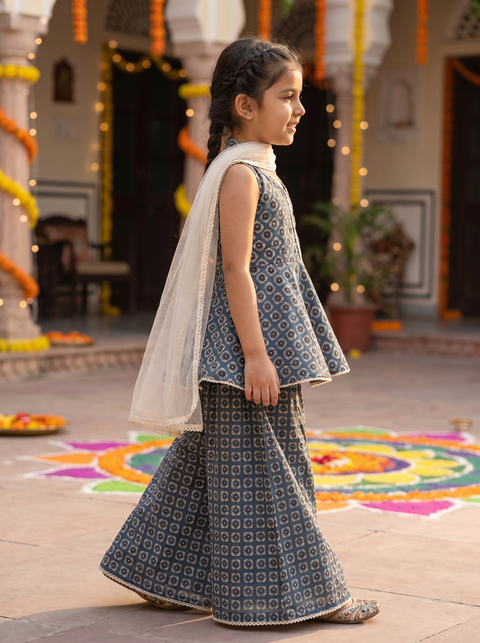 Blue Block printed Pure Cotton Sharara set