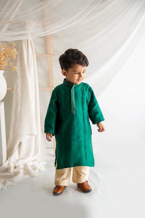 Boys Green Kurta Pajama & Green Chanderi Silk Lehenga