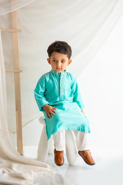 Blue Organza Booti Kurta  & Silk Chanderi Sky Blue Lehanga